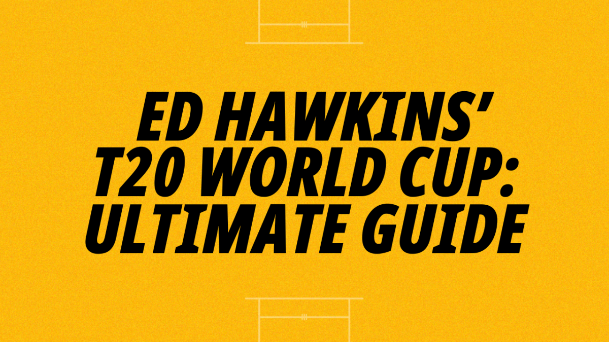 Text reads 'Ed Hawkins' T20 World Cup: Ultimate Guide' on a yellow background 